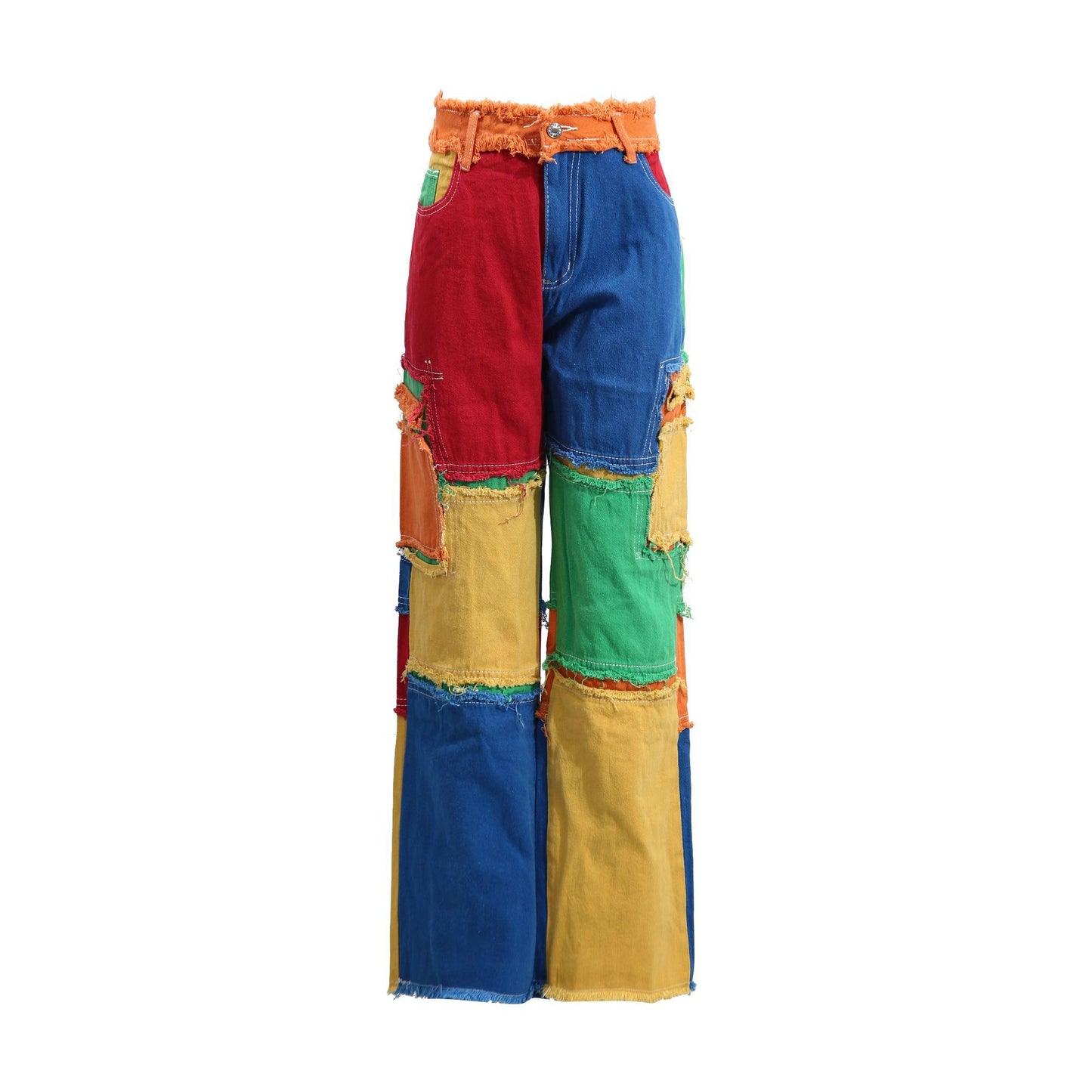 Women's Street Mixed Color Stitching High Waist Jeans