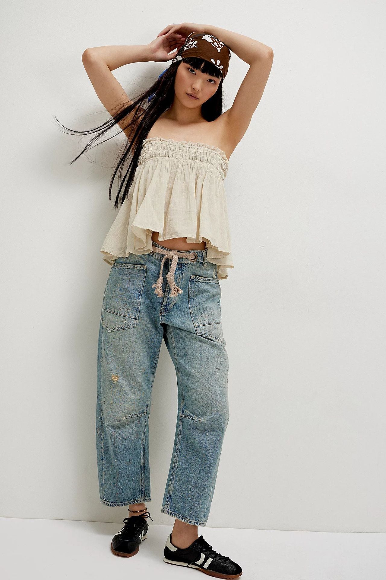American Retro Washed Stitching Patchwork Straight Jeans