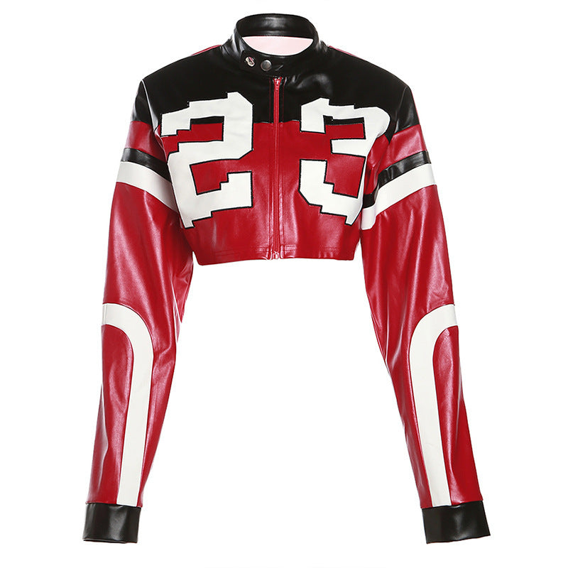 Women's Motorcycle Contrast Color Embroidery Stitching Slim Jackets