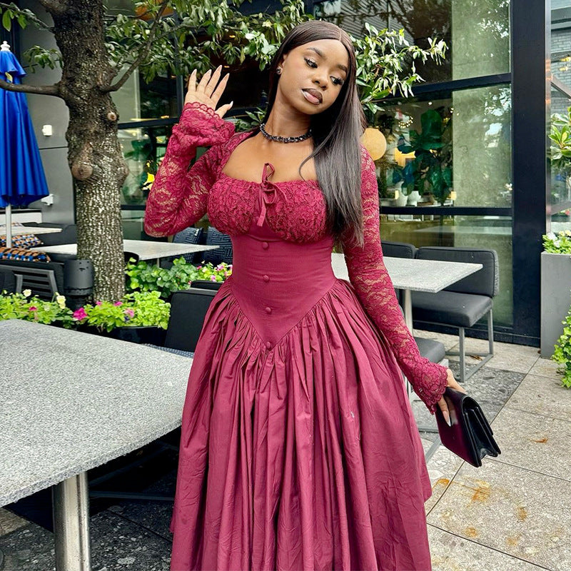 Women's Square Collar Lace Long Sleeve Waist Dresses
