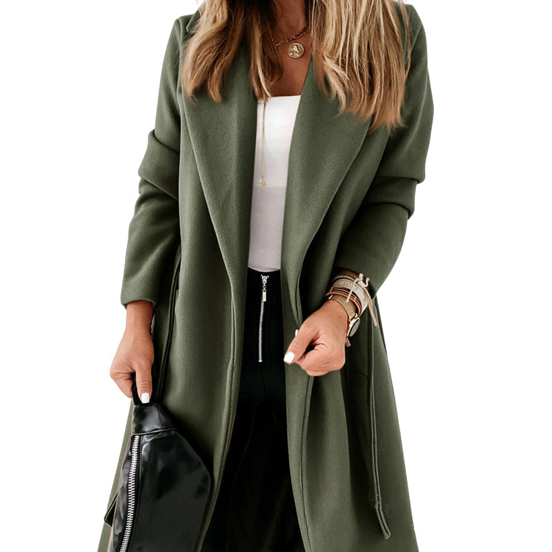 Women's Hot Single Long Woolen Lace Up Coats