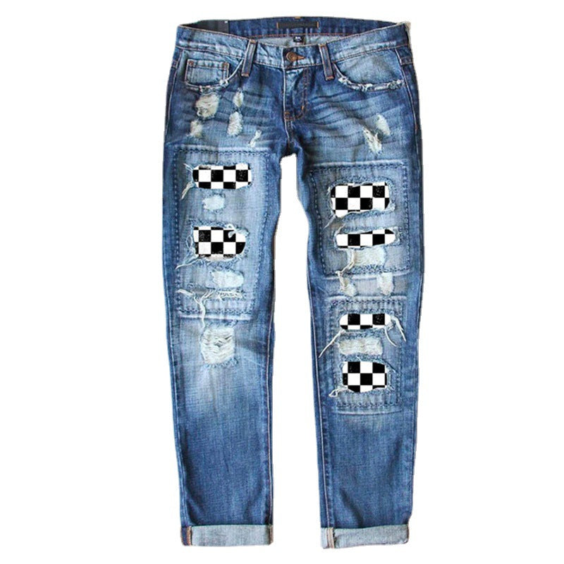 Casual Black White Plaid Button Pocket Jeans