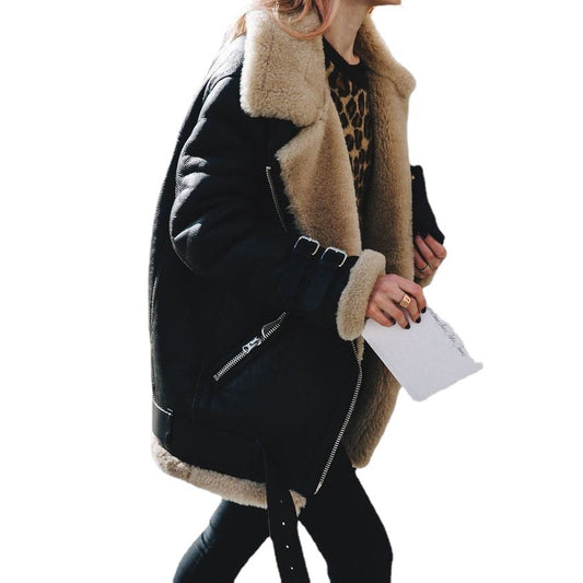 Women's Lamb Wool Motorcycle Deerskin Fur Lapel Jackets