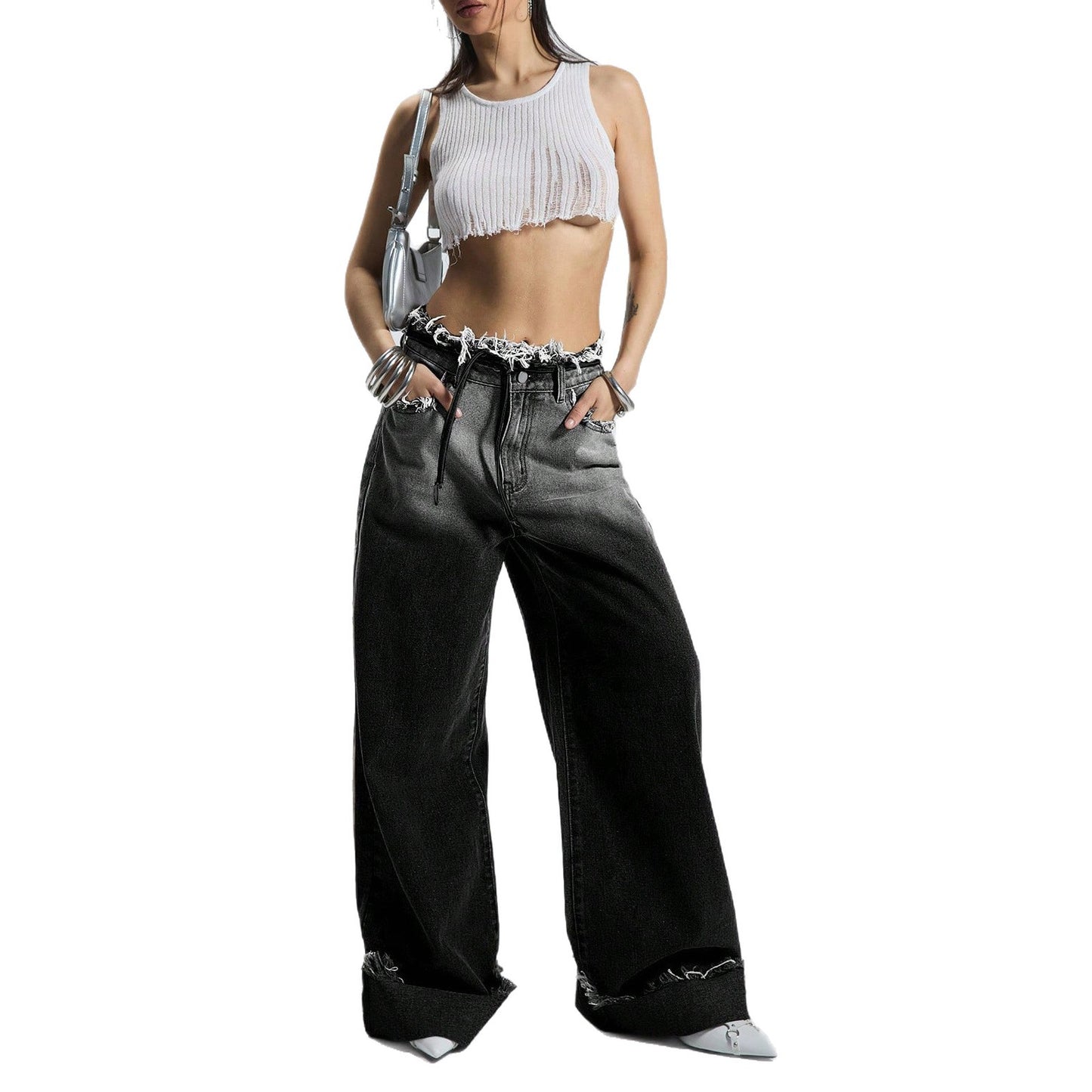 Women's Brushed Gradient Hot Autumn Low Waist Baggy Straight Trousers Jeans