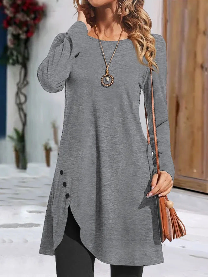 Women's Round Neck Solid Color Long Sleeve Dress