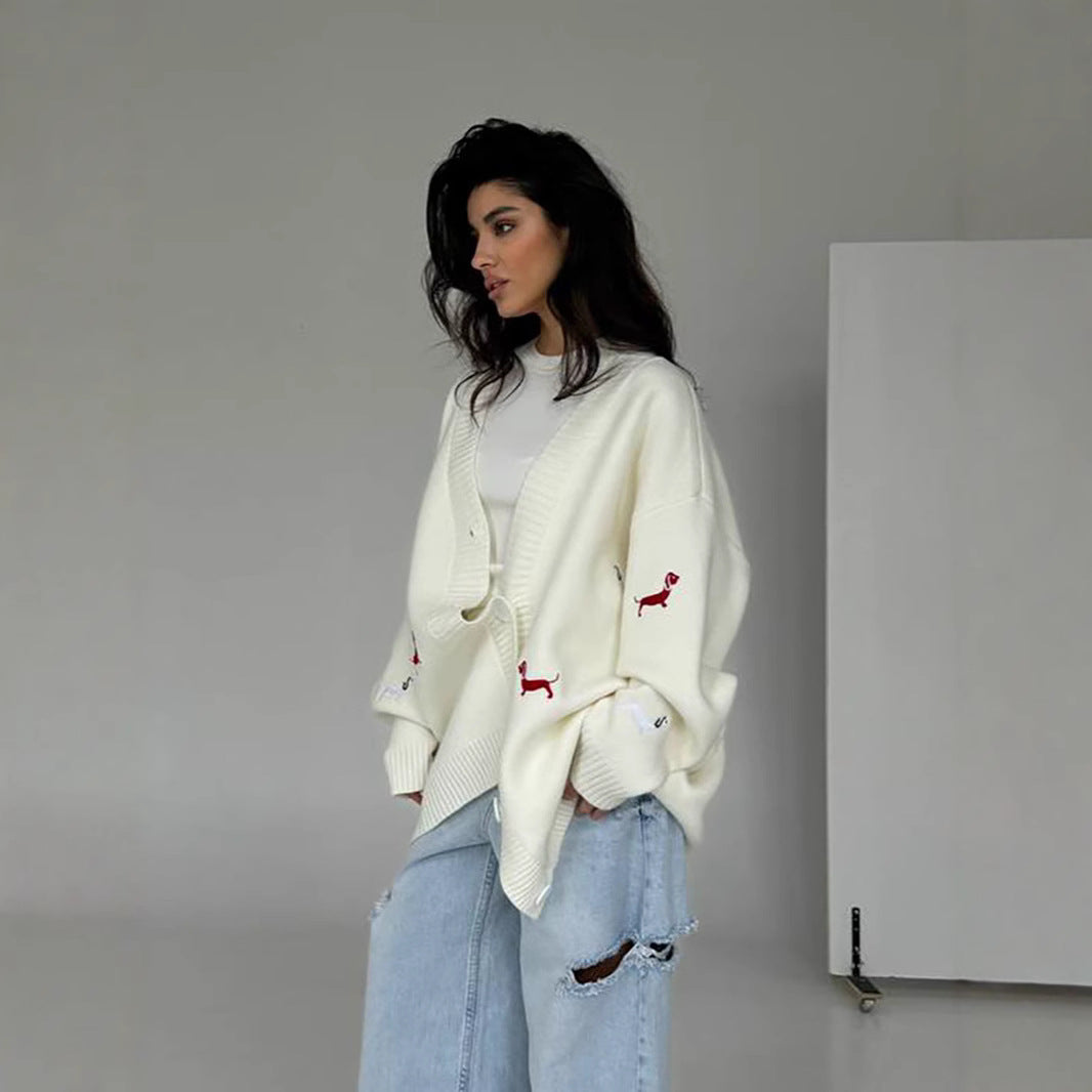 Women's Woolen Single-breasted Sausage Dog Embroidered Trendy Personality Coats