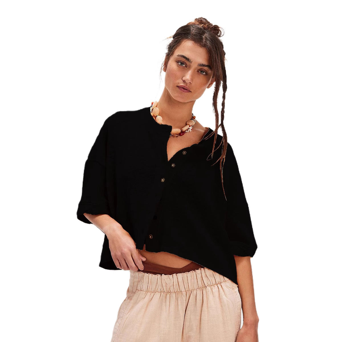 Women's Casual Linen Button Half Sleeve Solid Blouses