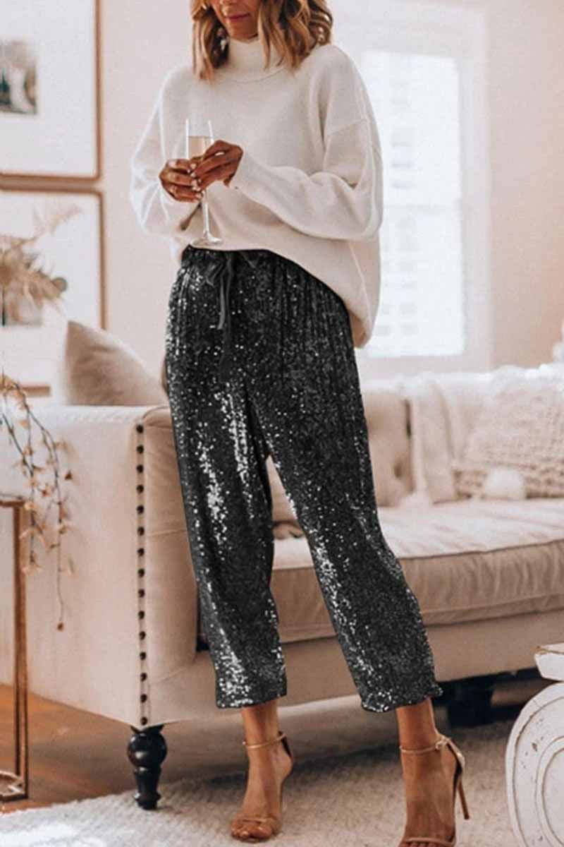 Sequin Sequined Drawstring High Waist Leg Pants