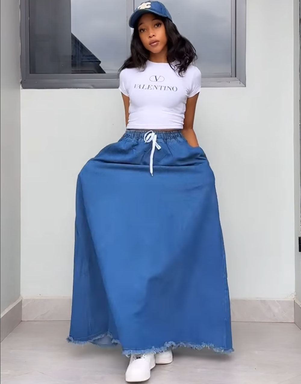 Women's Fashion Wash Solid Color Drawstring High Skirts