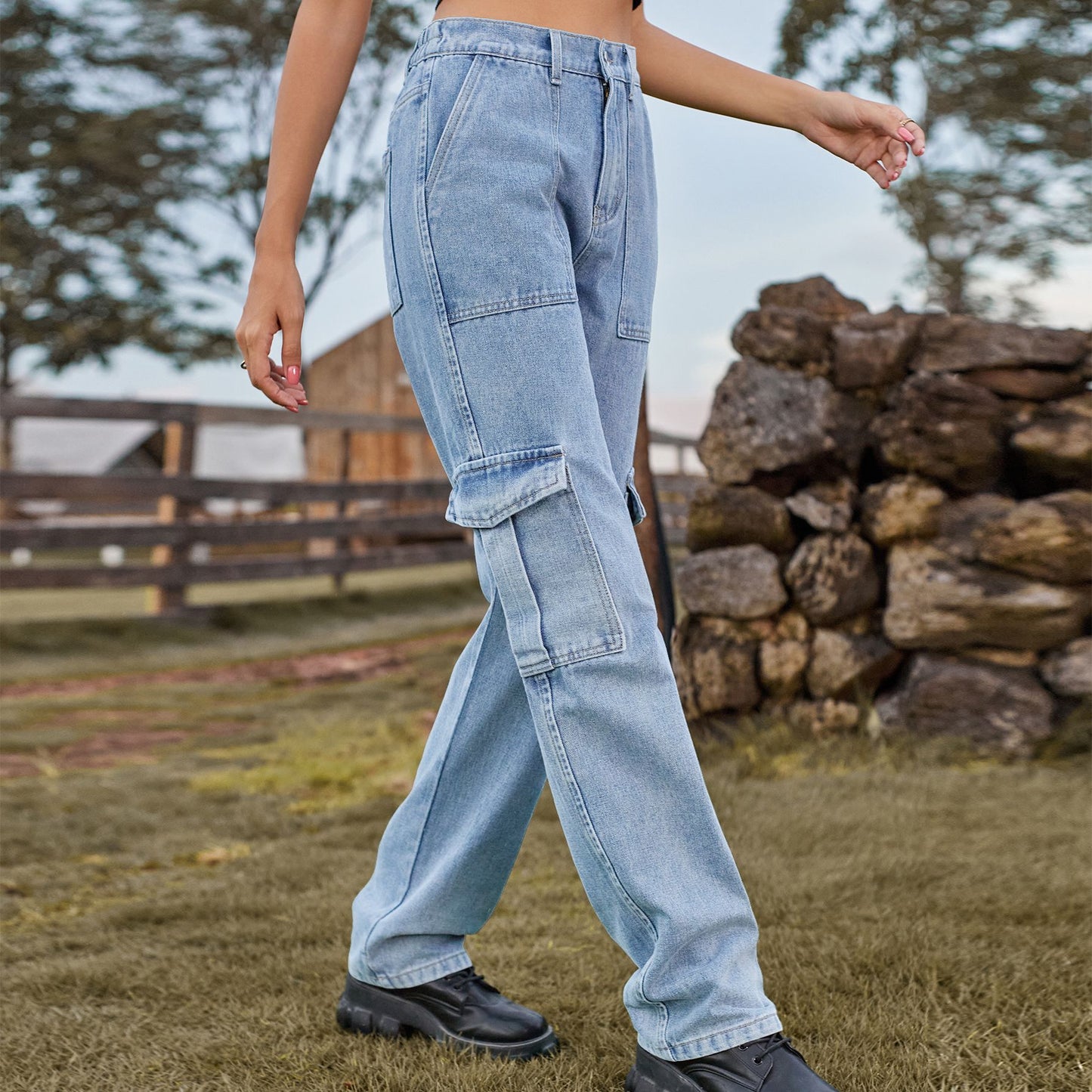 Women's American Retro Washed Design Personality Denim Cargo Jeans