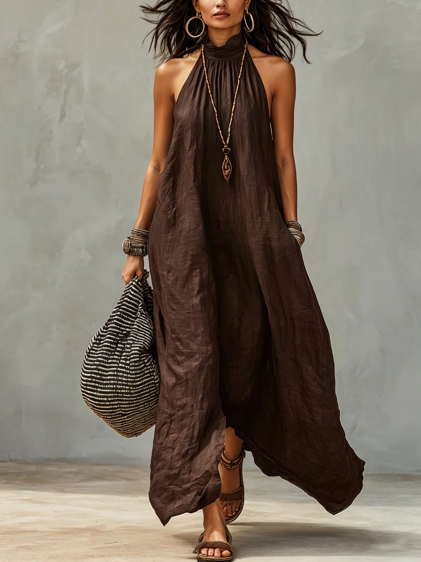 Women's Style Halter Long Backless Wrinkle Loose Dress