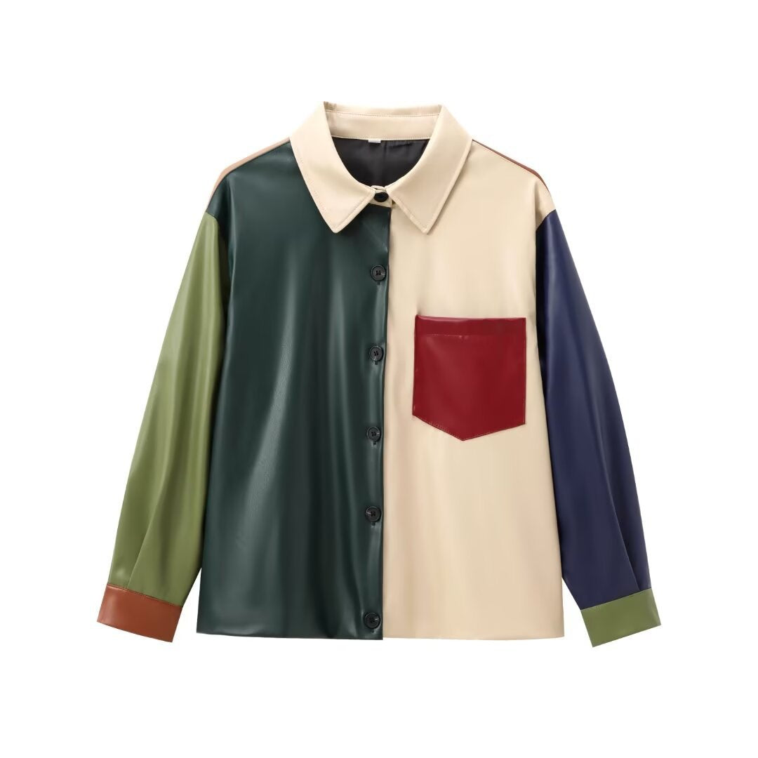 Women's French Stitching Leather Long-sleeved Lapel Contrast Jackets