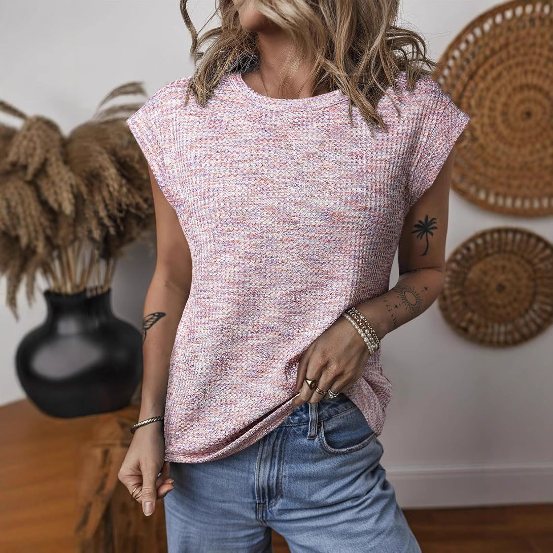 Women's Fashion Waffle Round Neck Solid Color Blouses