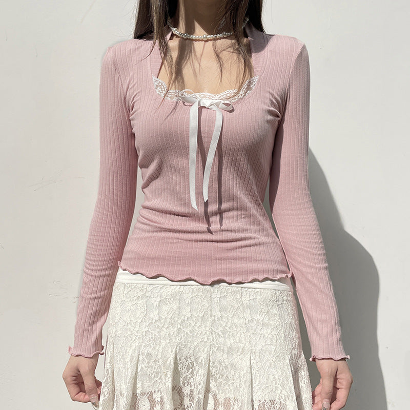 Gentle Sweet Style Lace Stitching Bow Blouses