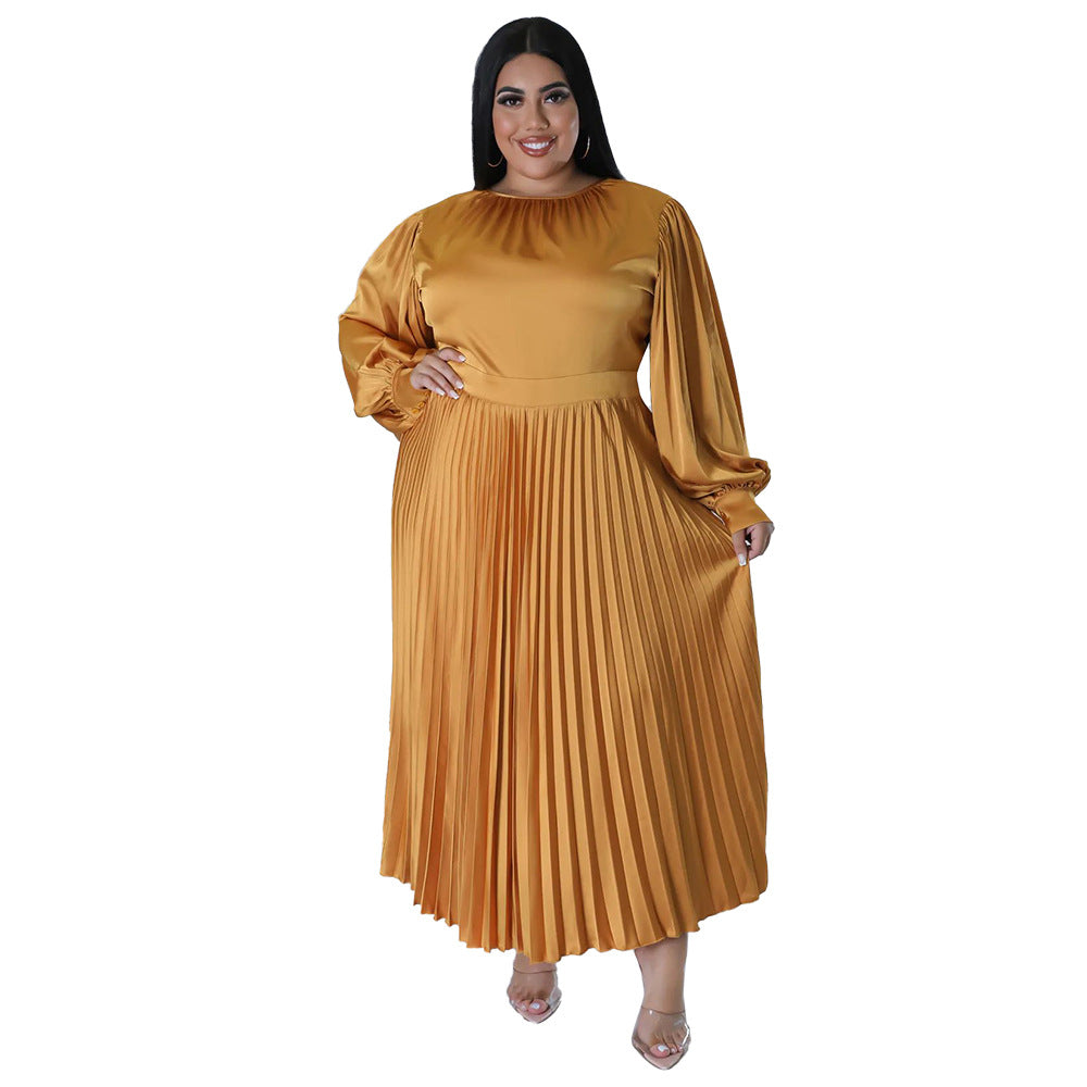 Women's Versatile Pleated Long Dress Sleeve Dresses