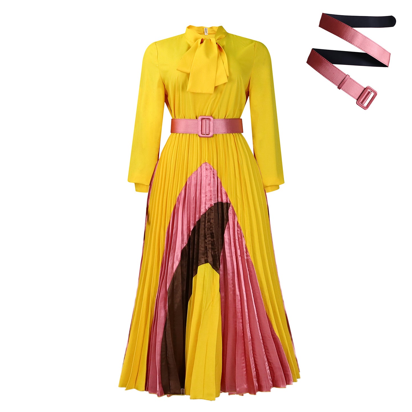 Women's Pleated Long Sleeve Color Matching Elegant Dresses