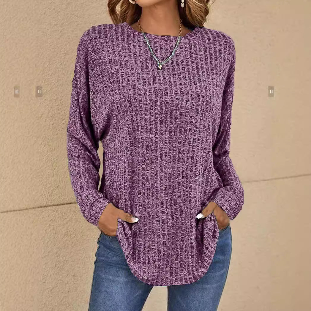 Women's Long Sleeve Round Neck Sunken Stripe Blouses