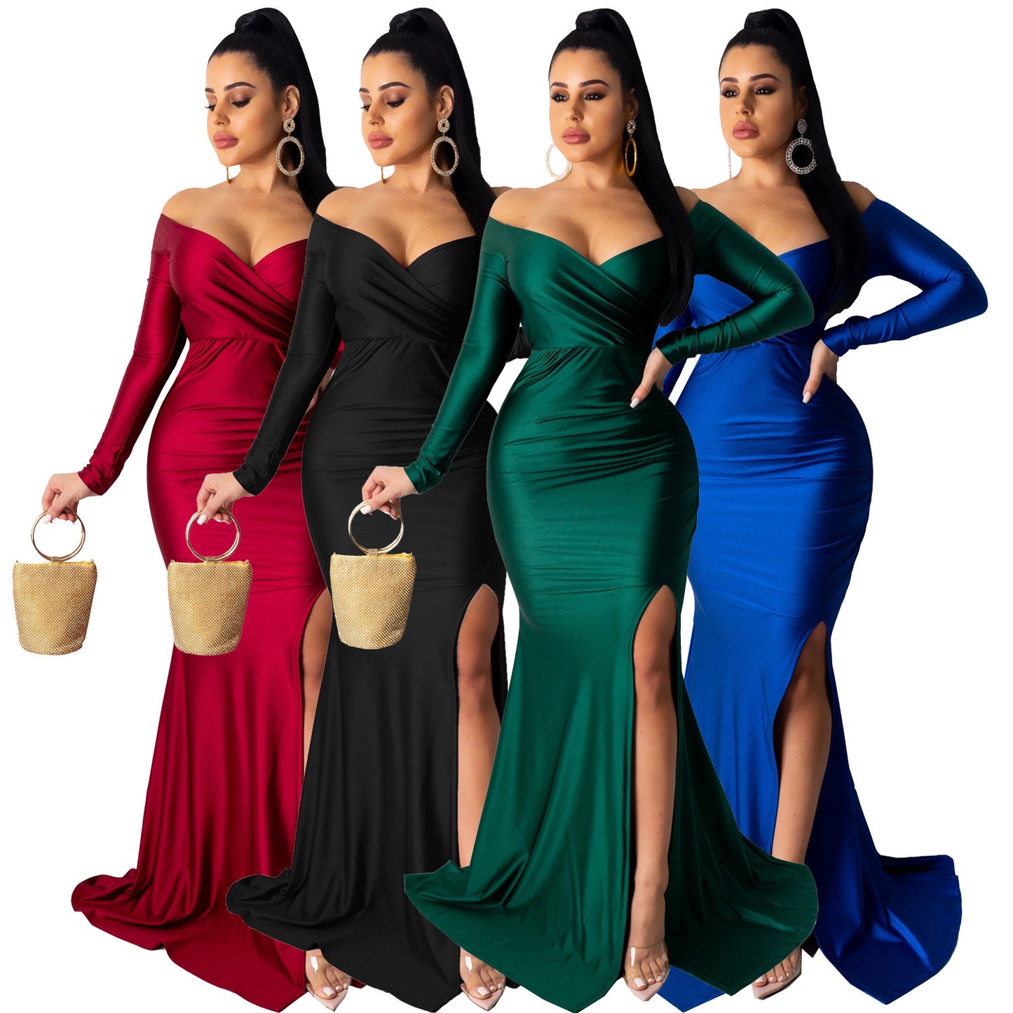 Women's Formal Solid Color Large Slit Long Dresses
