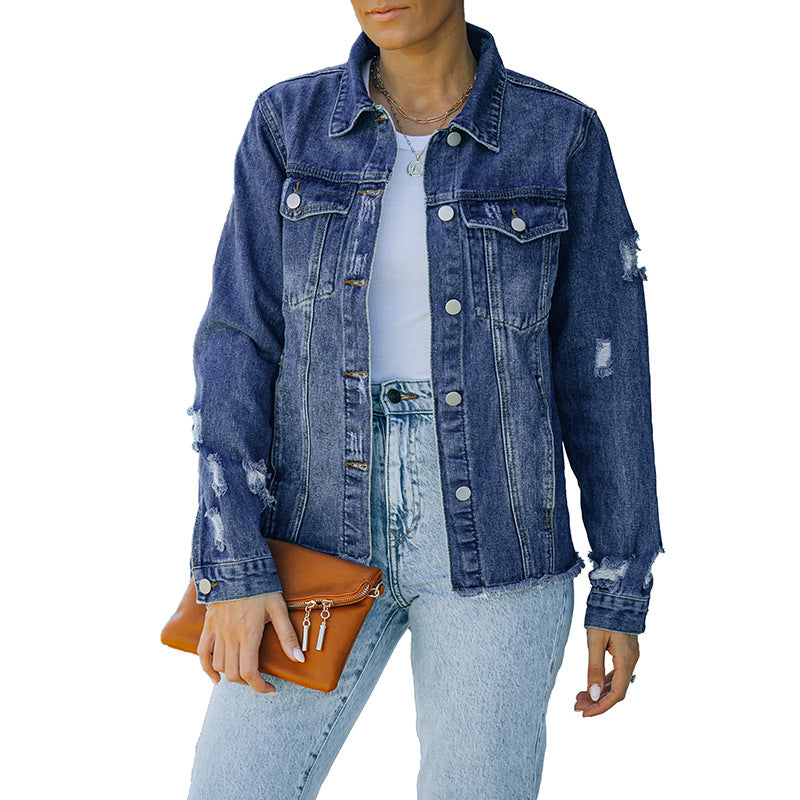 Women's Solid Color Single Row Washed Denim Cardigans