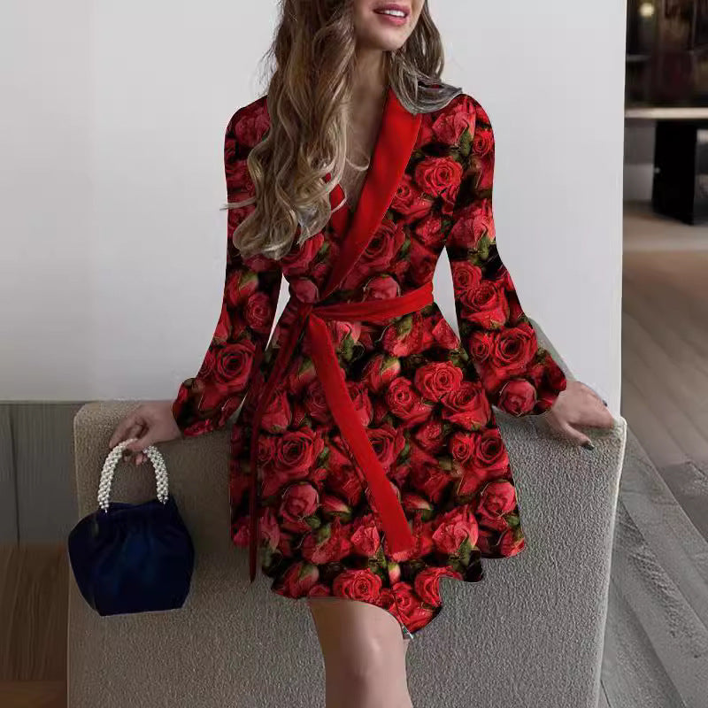 Women's Floral Printing Lapel Long Sleeve Waist Dresses