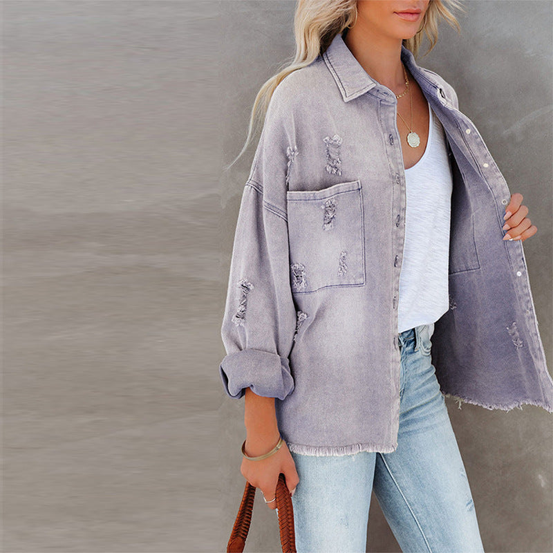 Women's Lapel Long Sleeve Retro Street Ripped Jackets