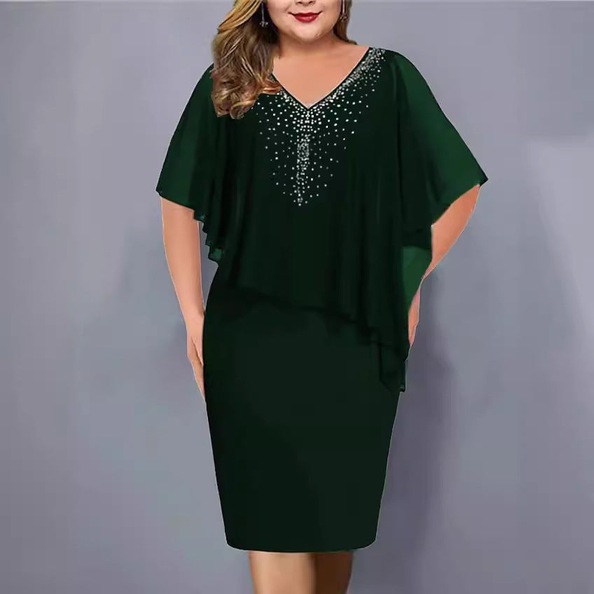 Women's Chiffon Stitching Rhinestone Irregular Half Sleeve Dresses