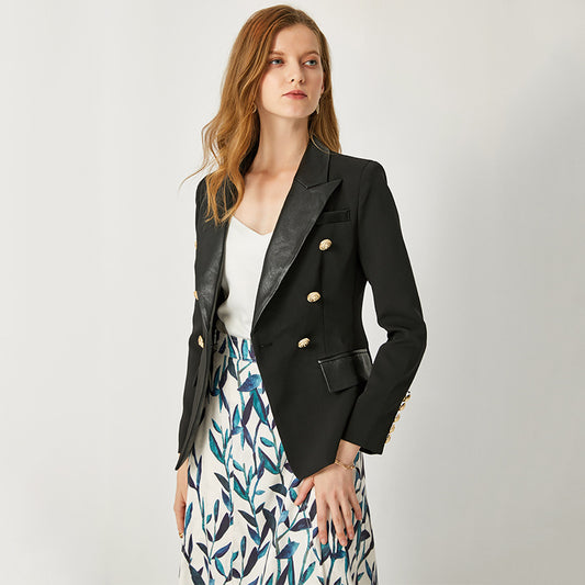 Black Leather Stitching Collar Graceful Crisp Blazers