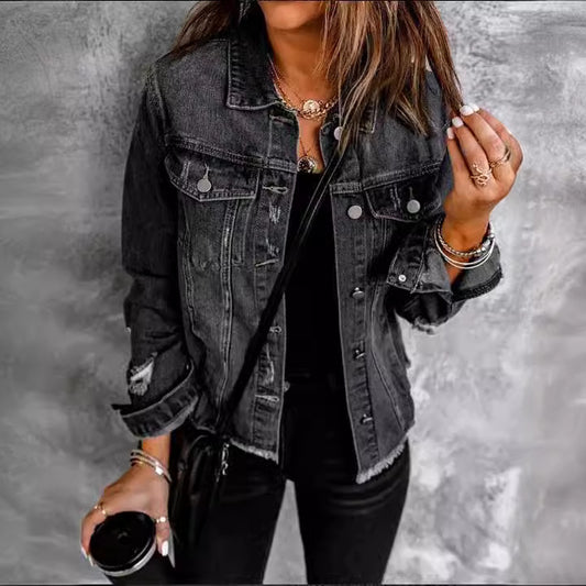 Women's Mid-length Ripped Denim Long-sleeved Shirt Jackets