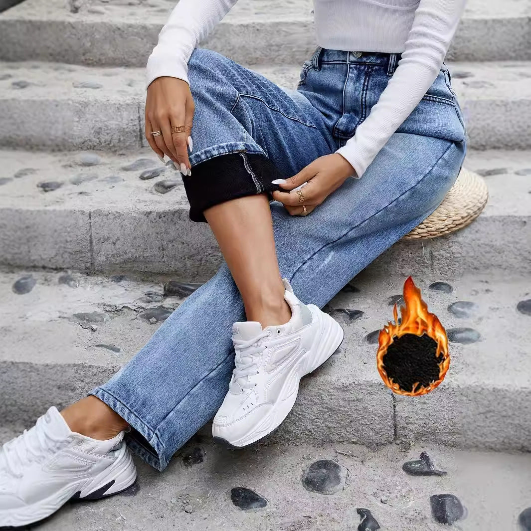 Women's Stretch Fleece Straight Slimming Denim Trousers Jeans