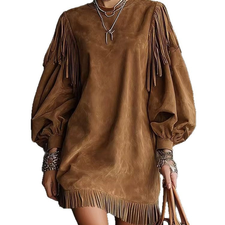 Round Neck Tassel Loose Lantern Sleeve Dresses