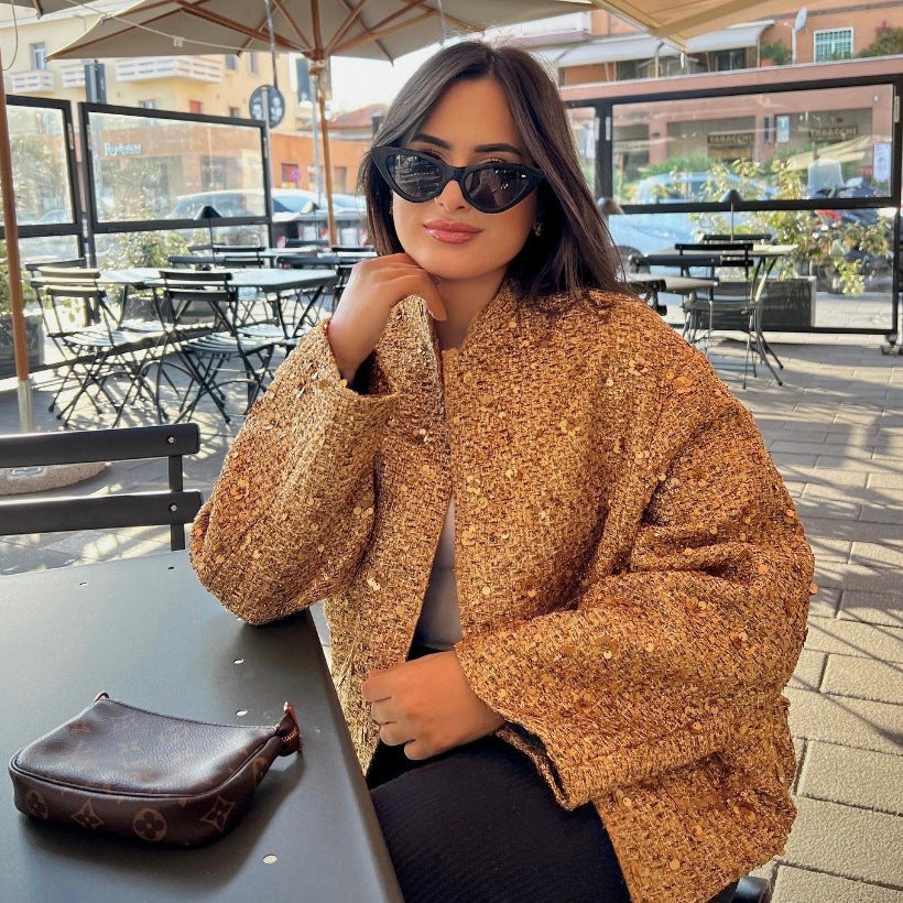 Women's Beads Decoration Small Stand-up Collar Jackets