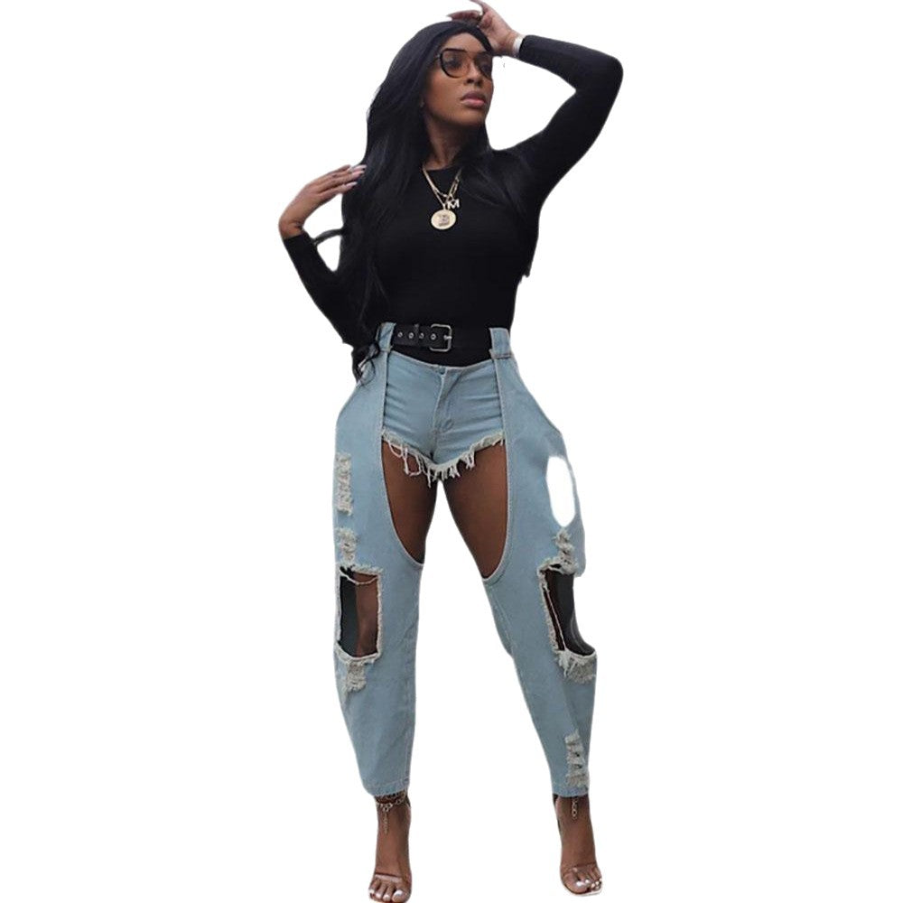 Women's Casual Street Fashion Ripped Belt Denim Jeans