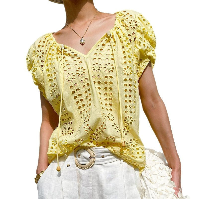 Women's Shirt Vacation Style Embroidered Sleeve Summer French Design South Blouses
