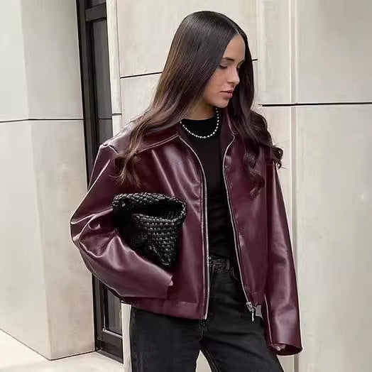 Women's Locomotive Style Leather Baggy Fashion Overcoat Jackets