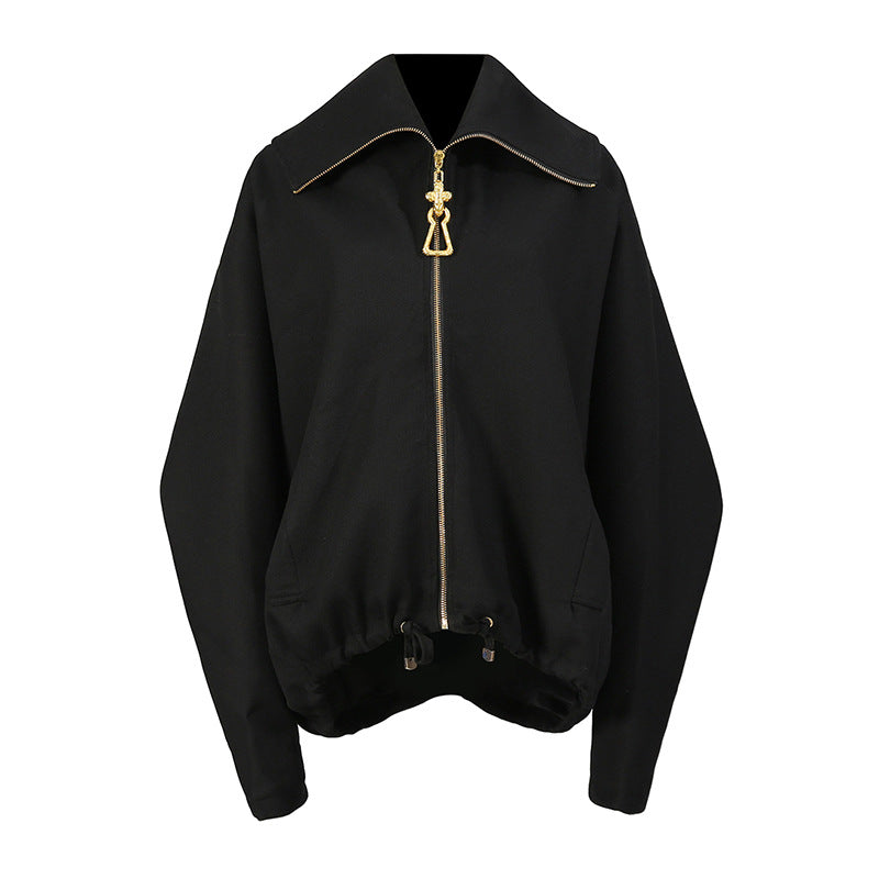 Women's Personalized Lapel Embroidery Stitching Loose Drawstring Coats