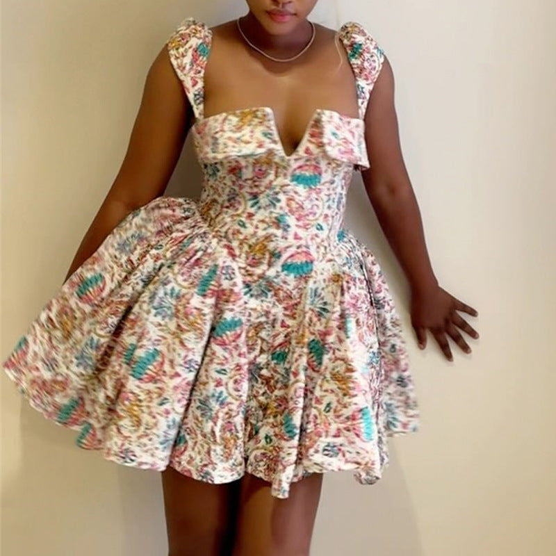 Women's Temperament Square Collar Printed High Waist Dresses