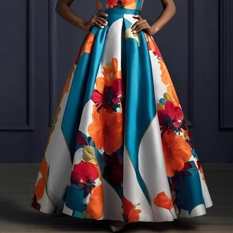 Fashion Large Swing Sleeveless Printed Waist Slim Satin Dress