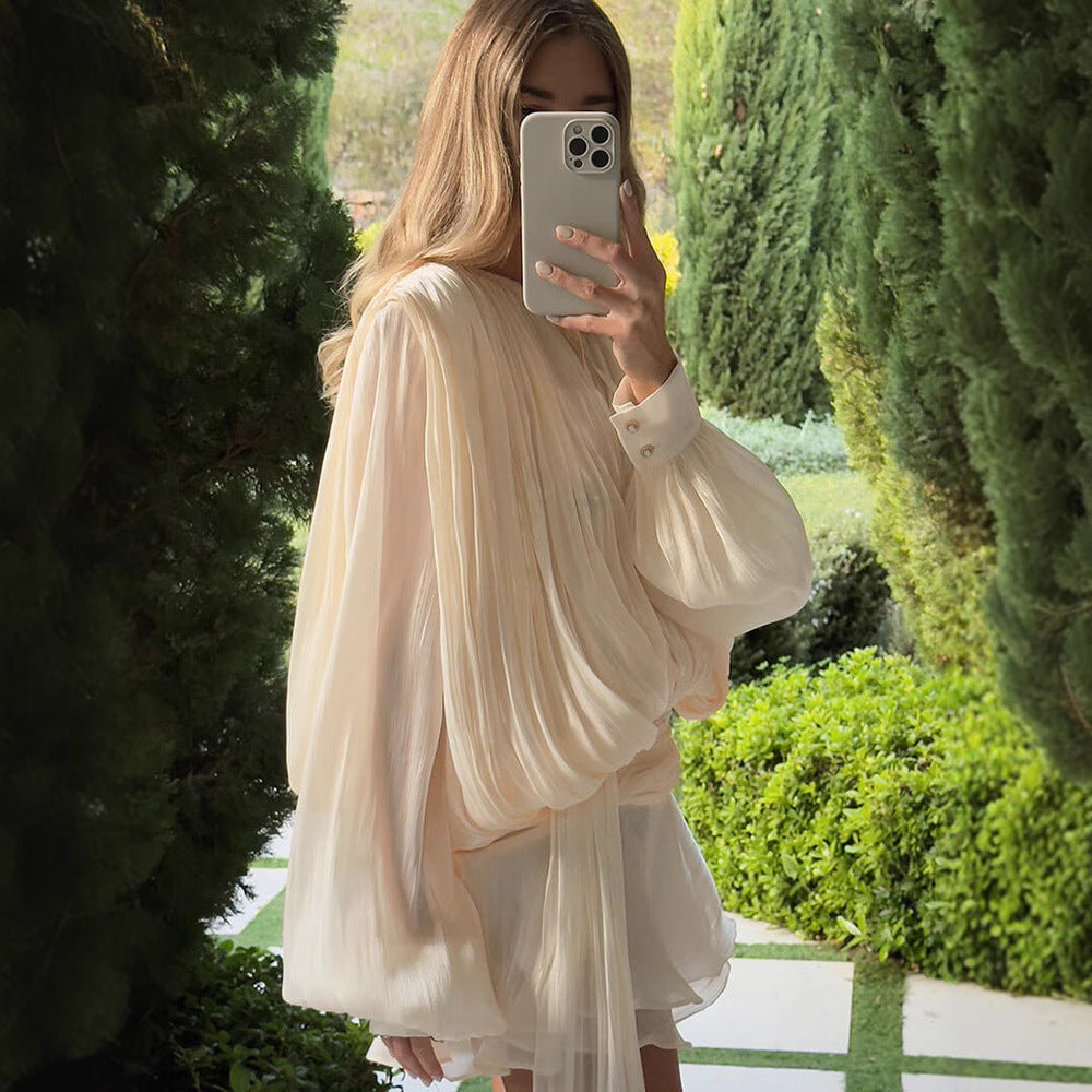 Women's Spring Idle Style Mesh Puff Sleeve Pleated Ruffled Dresses