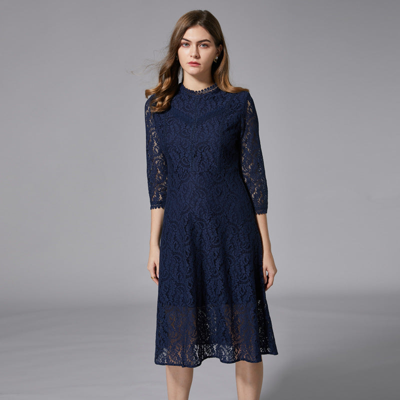 Women's Blue Lace Dress Loose Large Swing Casual Slimming A- Skirts