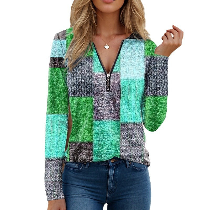 Women's Fashion Casual Loose Printed Zipper Cashmere Blouses