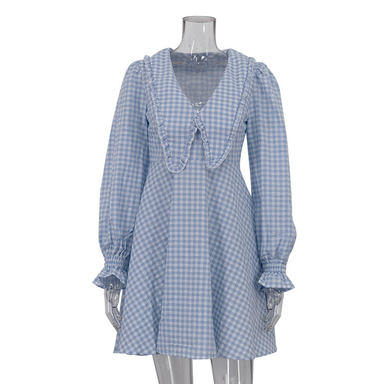 Women's Line Dress Pink Plaid Butterfly Collar Dresses