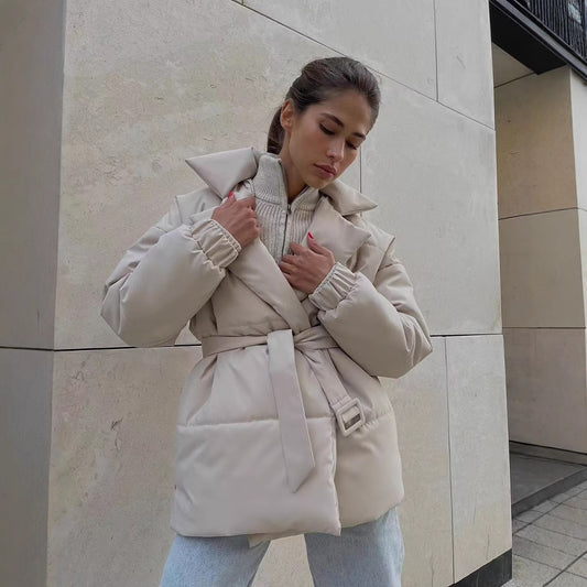 Women's Solid Color Long-sleeved Cotton Thickened Pocket Coats