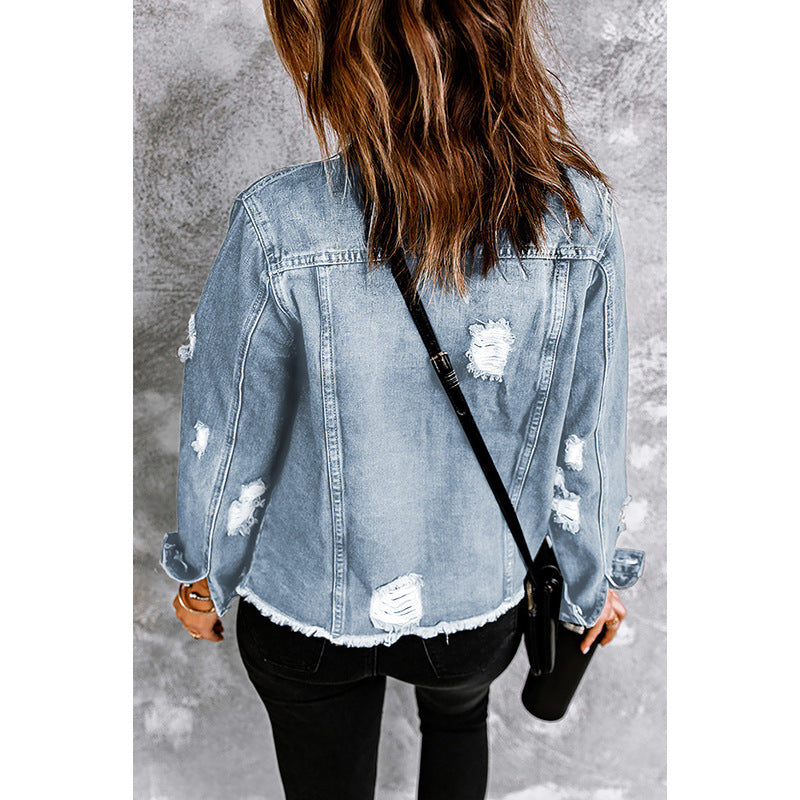 Women's Solid Color Single Row Washed Denim Cardigans