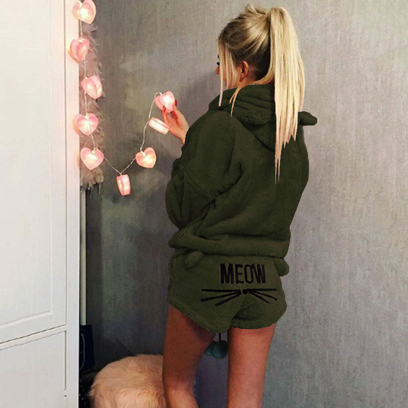 Women's Autumn Cat Embroidery Pajamas Hooded Two-piece Fashion Casual Suit