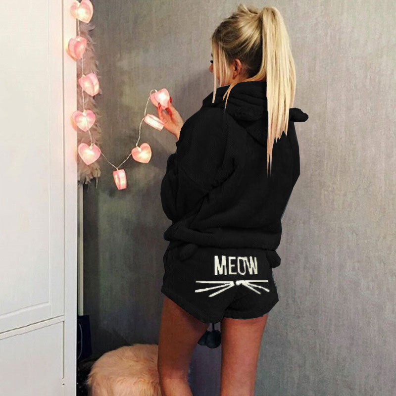 Women's Autumn Cat Embroidery Pajamas Hooded Two-piece Fashion Casual Suit