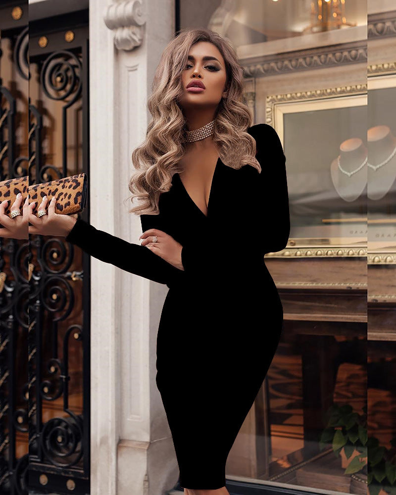 Women's Deep V Ruffle Hip Long Sleeve Solid Dress