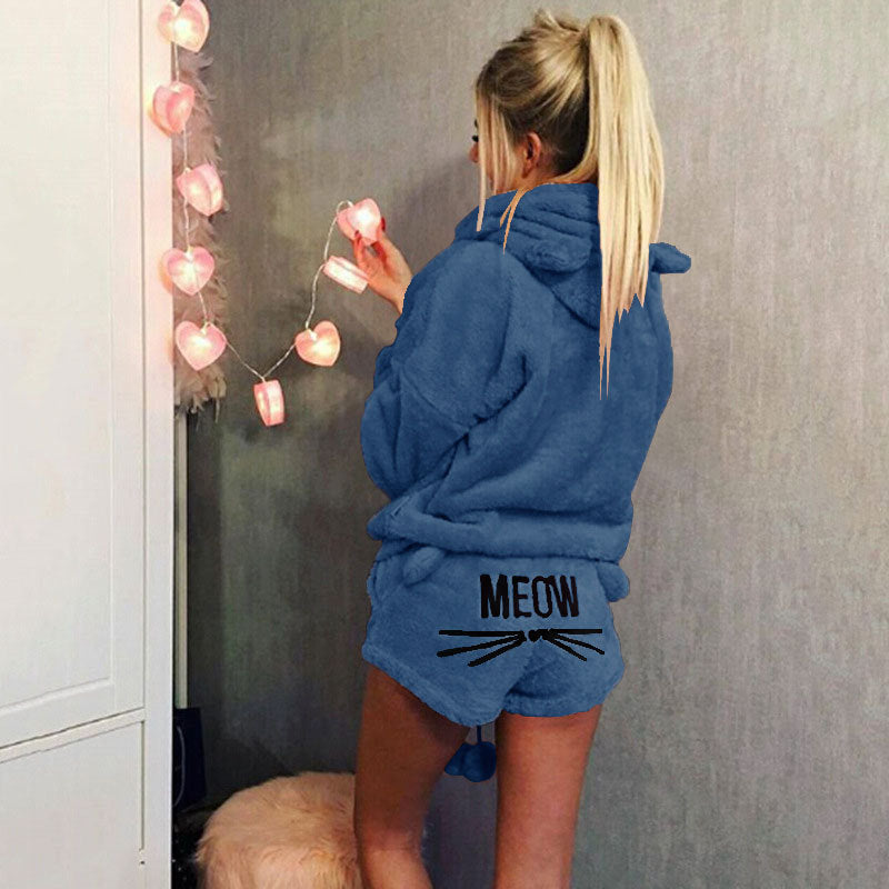 Women's Autumn Cat Embroidery Pajamas Hooded Two-piece Fashion Casual Suit