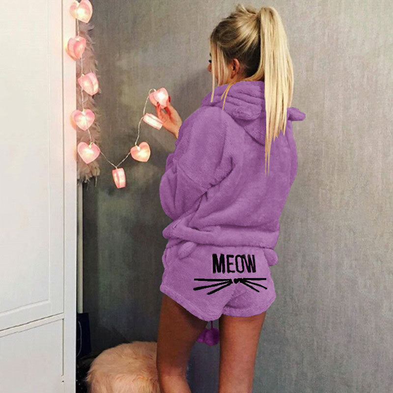 Women's Autumn Cat Embroidery Pajamas Hooded Two-piece Fashion Casual Suit