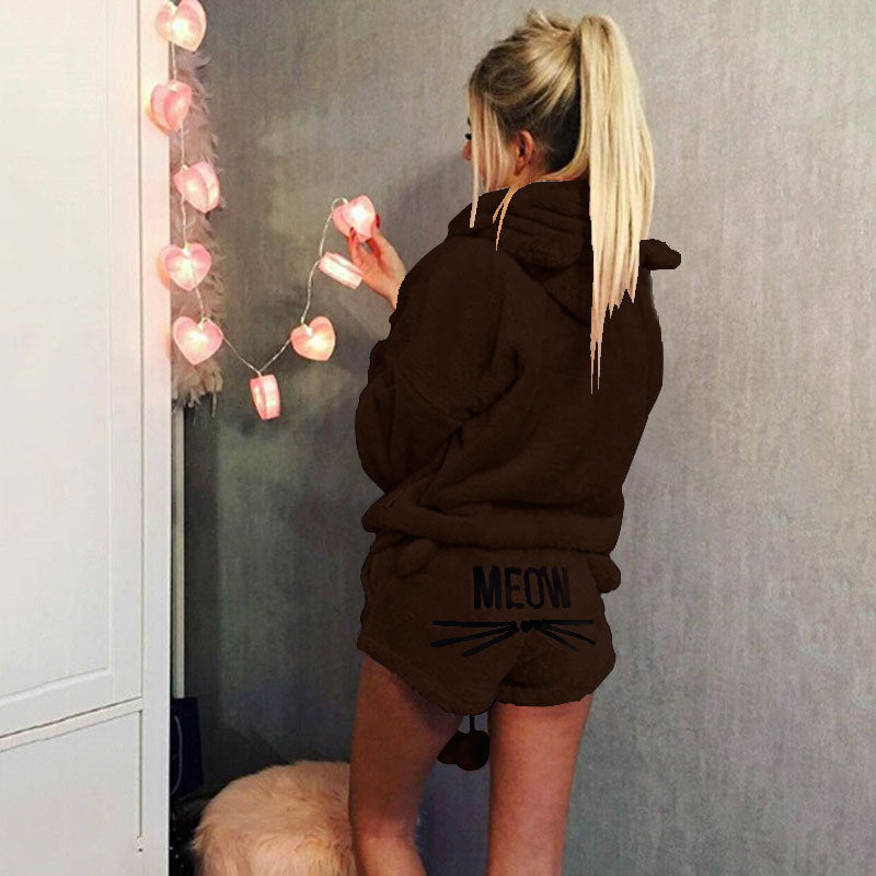 Women's Autumn Cat Embroidery Pajamas Hooded Two-piece Fashion Casual Suit