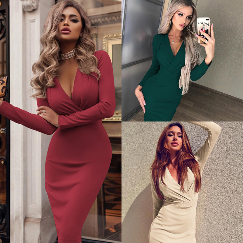 Women's Deep V Ruffle Hip Long Sleeve Solid Dress